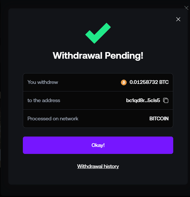 Screenshot of the withdrawal request with the time visible