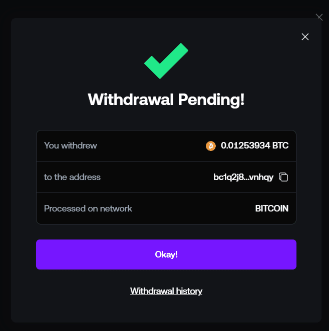 Screenshot of the withdrawal request with the time visible