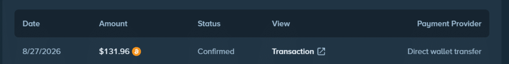 Screenshot of the withdrawal request with the time visible