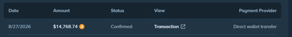 Screenshot of the withdrawal request with the time visible