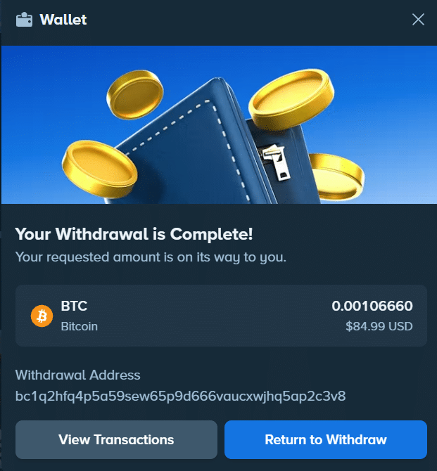 Screenshot of the withdrawal request with the time visible
