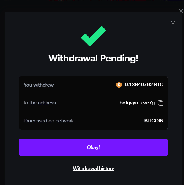 Screenshot of the withdrawal request with the time visible